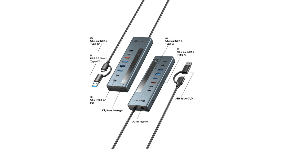 ICY BOX IB-HUB1743-CPD USB 3.2 Gen 2 (3.1 Gen 2) Type-A + Type-C 10000 ...