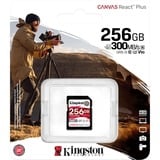 Kingston 256 GB Canvas React Plus SDXC UHS-II 300R/260W U3 V90 i fuld HD/4K/8K, Hukommelseskort Sort, 256 GB, SD, Klasse 10, UHS-II, 300 MB/s, 260 MB/s