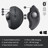 Logitech MX Ergo mus Højre hånd RF trådløs + Bluetooth Trackball 440 dpi Sort, Højre hånd, Trackball, RF trådløs + Bluetooth, 440 dpi, Grafit