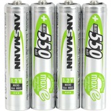 Ansmann Blister 4 X Accu, AAA, 550 mAh AAA / HR03 Nikkel-Metalhydrid (NiMH), Batteri Grøn, AAA, 550 mAh, AAA / HR03, Nikkel-Metalhydrid (NiMH), 1,2 V, 550 mAh, Sølv