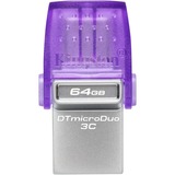 Kingston DataTraveler microDuo 3C USB-nøgle 64 GB USB Type-A / USB Type-C 3.2 Gen 1 (3.1 Gen 1) Lilla, Rustfrit stål, USB-stik Violet/gennemsigtig, 64 GB, USB Type-A / USB Type-C, 3.2 Gen 1 (3.1 Gen 1), 200 MB/s, Andet, Lilla, Rustfrit stål