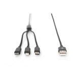 Digitus 3-i-1 ladekabel, USB-A > Lightning + USB-C + Micro-USB Sort