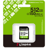 Kingston 512 GB SDXC Canvas Select Plus Gen3 150 MB/s C10 UHS-I U3 V30, Hukommelseskort 512 GB, SD, Klasse 10, UHS-I, 150 MB/s, Class 3 (U3)