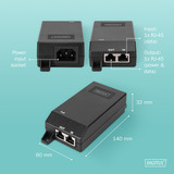 Digitus Gigabit Ethernet PoE+ injektor, 802.3at 30 W, PoE injektor Sort