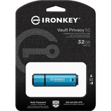 Kingston IronKey Vault Privacy 50 USB-nøgle 32 GB USB Type-A 3.2 Gen 1 (3.1 Gen 1) Blå, USB-stik Lyseblå/Sort, 32 GB, USB Type-A, 3.2 Gen 1 (3.1 Gen 1), 250 MB/s, Hætte, Blå
