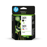 HP Originale 301-blækpatroner, sort/trefarvet, 2-pak Sort, sort/trefarvet, 2-pak, Standard udbytte, Sort, Blå, Magenta, Gul, Pigmentbaseret blæk, Farvebaseret blæk, 3 ml, 3 ml
