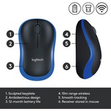 Logitech LGT-M185B Mus Blå, Ambidextrous, Optisk, RF trådløst, 1000 dpi, Sort, Blå, Detail