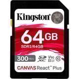 Kingston 64 GB Canvas React Plus SDXC UHS-II 300R/260W U3 V90 i fuld HD/4K/8K, Hukommelseskort Sort, 64 GB, SD, Klasse 10, UHS-II, 300 MB/s, 260 MB/s