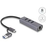 DeLOCK 3-port USB 5 Gbps Hub + Gigabit LAN med USB Type-C, Docking station grå