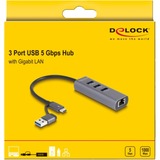 DeLOCK 3-port USB 5 Gbps Hub + Gigabit LAN med USB Type-C, Docking station grå