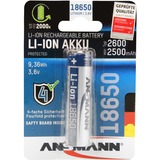 Ansmann Li-Ion Akku 18650 Genopladeligt batteri Lithium-Ion (Li-Ion) Genopladeligt batteri, Lithium-Ion (Li-Ion), 3,6 V, 2600 mAh, 9,36 Wh, Sølv