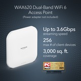 Netgear WAX620 3600 Mbit/s Hvid Strøm over Ethernet (PoE), Adgangspunktet Hvid, 2.4 GHz, 5 GHz, 3600 Mbit/s, EAP-TLS, PEAP, SSL/TLS, TTLS, WPA, WPA2, WPA3, 100,1000,2500 Mbit/s