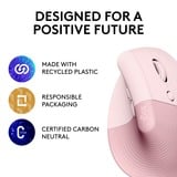 Logitech Lift mus Højre hånd RF trådløs + Bluetooth Optisk 4000 dpi Rosa, Højre hånd, Vertikal design, Optisk, RF trådløs + Bluetooth, 4000 dpi, Lyserød