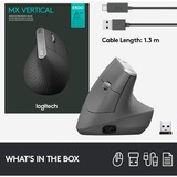 Logitech MX Vertical mus Højre hånd RF trådløs + Bluetooth Optisk 4000 dpi Sort/Sølv, Højre hånd, Optisk, RF trådløs + Bluetooth, 4000 dpi, Grafit