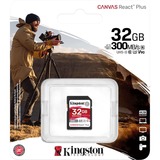 Kingston Canvas React Plus 32 GB SD UHS-II Klasse 10, Hukommelseskort Sort, 32 GB, SD, Klasse 10, UHS-II, 300 MB/s, 260 MB/s