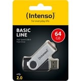 Intenso Basic Line USB-nøgle 64 GB USB Type-A 2.0 Sort, Sølv, USB-stik Sølv/Sort, 64 GB, USB Type-A, 2.0, 28 MB/s, Svirvel, Sort, Sølv