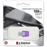 Kingston DataTraveler microDuo 3C USB-nøgle 128 GB USB Type-A / USB Type-C 3.2 Gen 1 (3.1 Gen 1) Rustfrit stål, Lilla, USB-stik Violet/gennemsigtig, 128 GB, USB Type-A / USB Type-C, 3.2 Gen 1 (3.1 Gen 1), 200 MB/s, Andet, Rustfrit stål, Lilla