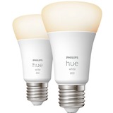 Philips Hue A60 - E27 pærer - 800lm - 2-pak, LED-lampe Philips Hvide Hue pærer A60 - E27 pærer - 800lm - 2-pak, Smart pære, Hvid, Bluetooth/Zigbee, Integreret LED, E27, Varm hvid