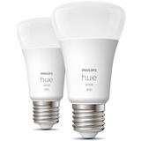 Philips Hue A60 - E27 pærer - 800lm - 2-pak, LED-lampe Philips Hvide Hue pærer A60 - E27 pærer - 800lm - 2-pak, Smart pære, Hvid, Bluetooth/Zigbee, Integreret LED, E27, Varm hvid