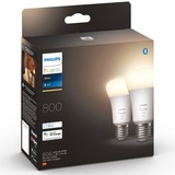 Philips Hue A60 - E27 pærer - 800lm - 2-pak, LED-lampe Philips Hvide Hue pærer A60 - E27 pærer - 800lm - 2-pak, Smart pære, Hvid, Bluetooth/Zigbee, Integreret LED, E27, Varm hvid