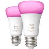 Philips Hue A60 - E27 pærer - 800lm - 2-pak, LED-lampe Philips Hue White and Color ambiance A60 - E27 pærer - 800lm - 2-pak, Smart pære, Hvid, Bluetooth/Zigbee, LED, E27, 2000 K