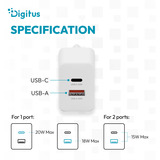 Digitus USB Oplader 20W, 1x USB-C, 1x USB-A Hvid