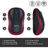 Logitech M185 mus Ambidextrous RF trådløst Optisk 1000 dpi Rød, Ambidextrous, Optisk, RF trådløst, 1000 dpi, Sort, Rød, Detail