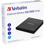 Verbatim External Slimline CD/DVD Writer optisk diskdrev DVD±RW Sort, ekstern DVD-brænder Sort, Sort, Bakke, Vandret, Notebook, DVD±RW, USB 2.0