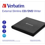 Verbatim External Slimline CD/DVD Writer optisk diskdrev DVD±RW Sort, ekstern DVD-brænder Sort, Sort, Bakke, Vandret, Notebook, DVD±RW, USB 2.0