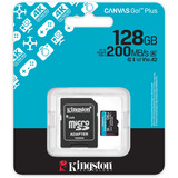 Kingston 128 GB microSDXC Canvas Go! Plus Gen4 200 MB/s A2 U3 V30-kort + adapter, Hukommelseskort Sort, 128 GB, MicroSD, Klasse 10, UHS-I, 200 MB/s, 100 MB/s