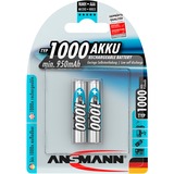 Ansmann Blister 2 X Accu, AAA, 1000mAh AAA / HR03 Nikkel-Metalhydrid (NiMH), Batteri Sølv, AAA, 1000mAh, AAA / HR03, Nikkel-Metalhydrid (NiMH), 1,2 V, 1000 mAh, Sølv