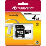 Transcend 4 GB microSDHC Klasse 4, Hukommelseskort 4 GB, MicroSDHC, Klasse 4, 4 MB/s, Sort