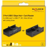 DeLOCK Ekstern USB 5 Gbps hub med 2 x USB Type-A, 1 x USB Type-C™ og SD + Micro SD slot med fastgørelsesskrue, USB hub Sort