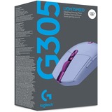 Logitech G305 mus Højre hånd RF trådløs + Bluetooth Optisk 12000 dpi, Gaming mus Lilla, Højre hånd, Optisk, RF trådløs + Bluetooth, 12000 dpi, 1 ms, Violet