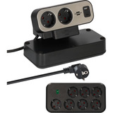 Brennenstuhl estilo Duplex bordstikdåse 9-vejs, 2x USB, Strømskinne Sort/Sølv