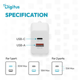Digitus USB GaN oplader 30W, 1x USB-C, 1x USB-A Hvid