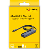 DeLOCK USB 10 Gbps Hub med 3 x USB-A + 1 x USB-C med kontakt, USB hub grå