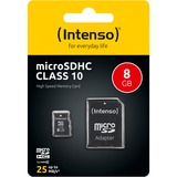 Intenso 8GB MicroSDHC Klasse 10, Hukommelseskort 8 GB, MicroSDHC, Klasse 10, 25 MB/s, Stødresistent, Temperaturbestandigt, Vandtæt, Røntgenbestandig, Sort