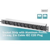 Digitus 19" PDU stikdåse med aluminiumsprofil, 10-vejs, 8x C13, 2x C19, Strømskinne Sort/aluminium