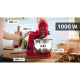 Bosch Serie 4 MUM5X720 foodprocessor 1000 W 3,9 L Rød, Sølv Indbyggede vægte Rød/Sølv, 3,9 L, Rød, Sølv, Berøring, 2,7 kg, 1,1 m, 4 diske