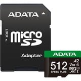 ADATA Speed Plus 512 GB MicroSDXC Klasse 10, Hukommelseskort 512 GB, MicroSDXC, Klasse 10, 180 MB/s, 160 MB/s, Class 3 (U3)