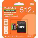 ADATA Speed Plus 512 GB MicroSDXC Klasse 10, Hukommelseskort 512 GB, MicroSDXC, Klasse 10, 180 MB/s, 160 MB/s, Class 3 (U3)