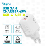 Digitus USB GaN oplader 45W, 1x USB-C, 1x USB-A Hvid
