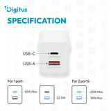 Digitus USB GaN oplader 45W, 1x USB-C, 1x USB-A Hvid