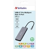 Verbatim CMH-14 USB Type-C 5000 Mbit/s Sølv, Docking station grå, USB Type-C, HDMI, RJ-45, USB 2.0, USB 3.2 Gen 1 (3.1 Gen 1) Type-A, USB 3.2 Gen 1 (3.1 Gen 1) Type-C, USB..., MicroSD (TransFlash), SD, 5000 Mbit/s, 60 Hz, Sølv