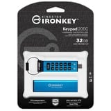 Kingston IronKey 32 GB USB-C Keypad 200C, FIPS 140-3 niveau 3 AES-256, USB-stik FIPS 140-3 niveau 3 AES-256, 32 GB, USB Type-C, 3.2 Gen 1 (3.1 Gen 1), 145 MB/s, Muffe, Blå