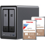UGREEN DXP2800 Bundle med 2x Toshiba N300 4 TB (MN10ADA400ES), NAS grå/Sort