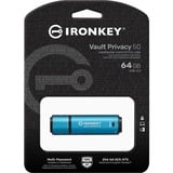 Kingston IronKey 64GB Vault Privacy 50 AES-256 krypteret, FIPS 197, USB-stik Lyseblå/Sort, FIPS 197, 64 GB, USB Type-A, 3.2 Gen 1 (3.1 Gen 1), 250 MB/s, Hætte, Sort, Blå