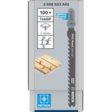 Bosch 2 608 633 A42 stiksav, rullesav & sabelsavklinge Stiksavklinger High Carbon Steel (HCS) 100 stk Stiksavklinger, Spånplade, Fiberbræt, Blødt træ, Krydsfiner med trækerne, High Carbon Steel (HCS), 4 mm, 10 cm, 100 stk