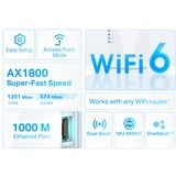 TP-Link RE600X netværk forlænger Netværkssender & -modtager Hvid 10, 100, 1000 Mbit/s, Repeater Hvid, Netværkssender & -modtager, 1201 Mbit/s, 10,100,1000 Mbit/s, Windows 10, Windows 2000, Windows 7, Windows 8, Windows 8.1, Windows 98SE, Windows NT, Windows..., Internet Explorer 11, Firefox 12.0, Chrome 20.0, Safari 4.0, Intern